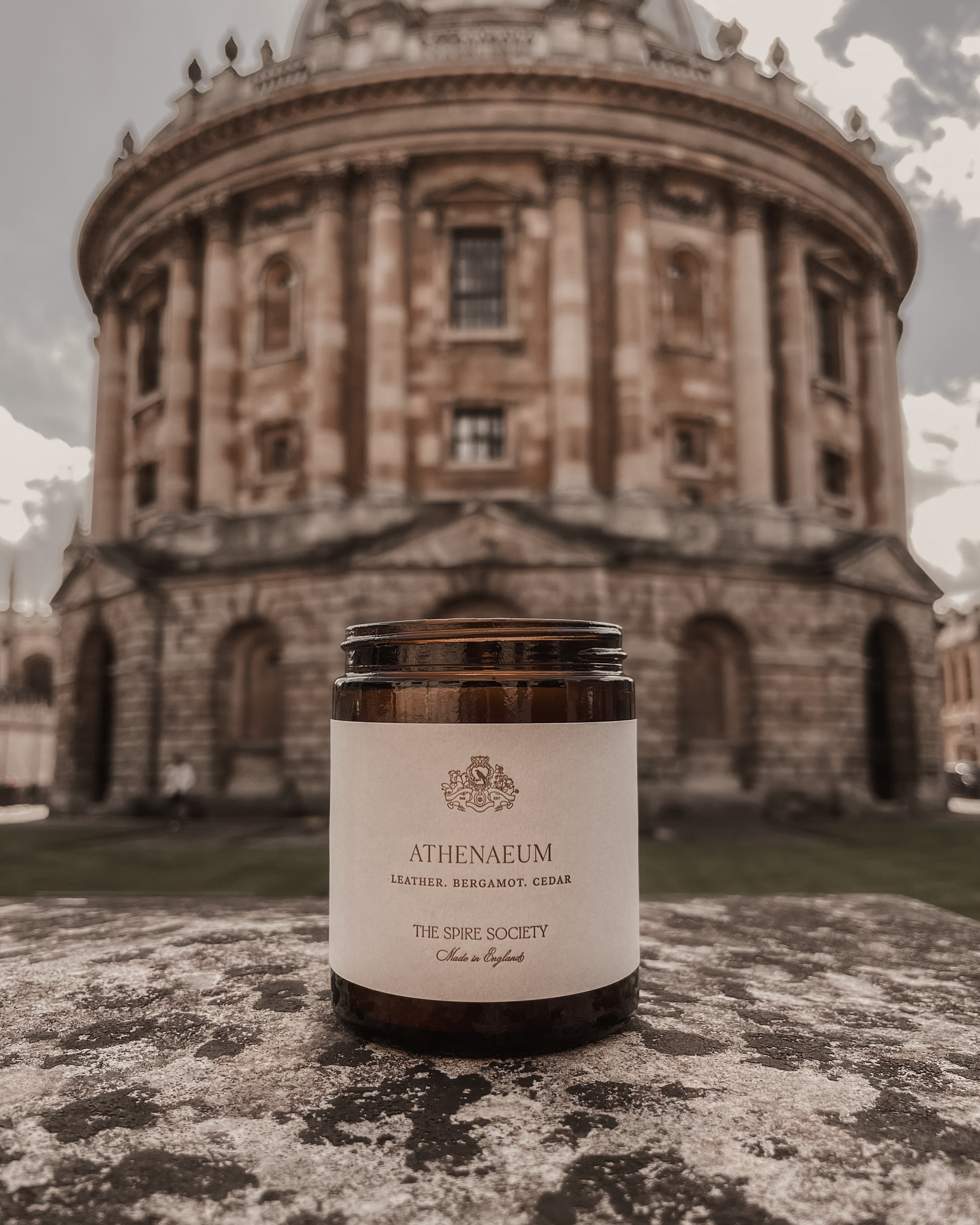 Candle labeled 'Athenaeum' in front of the Radcliffe Camera in Oxford