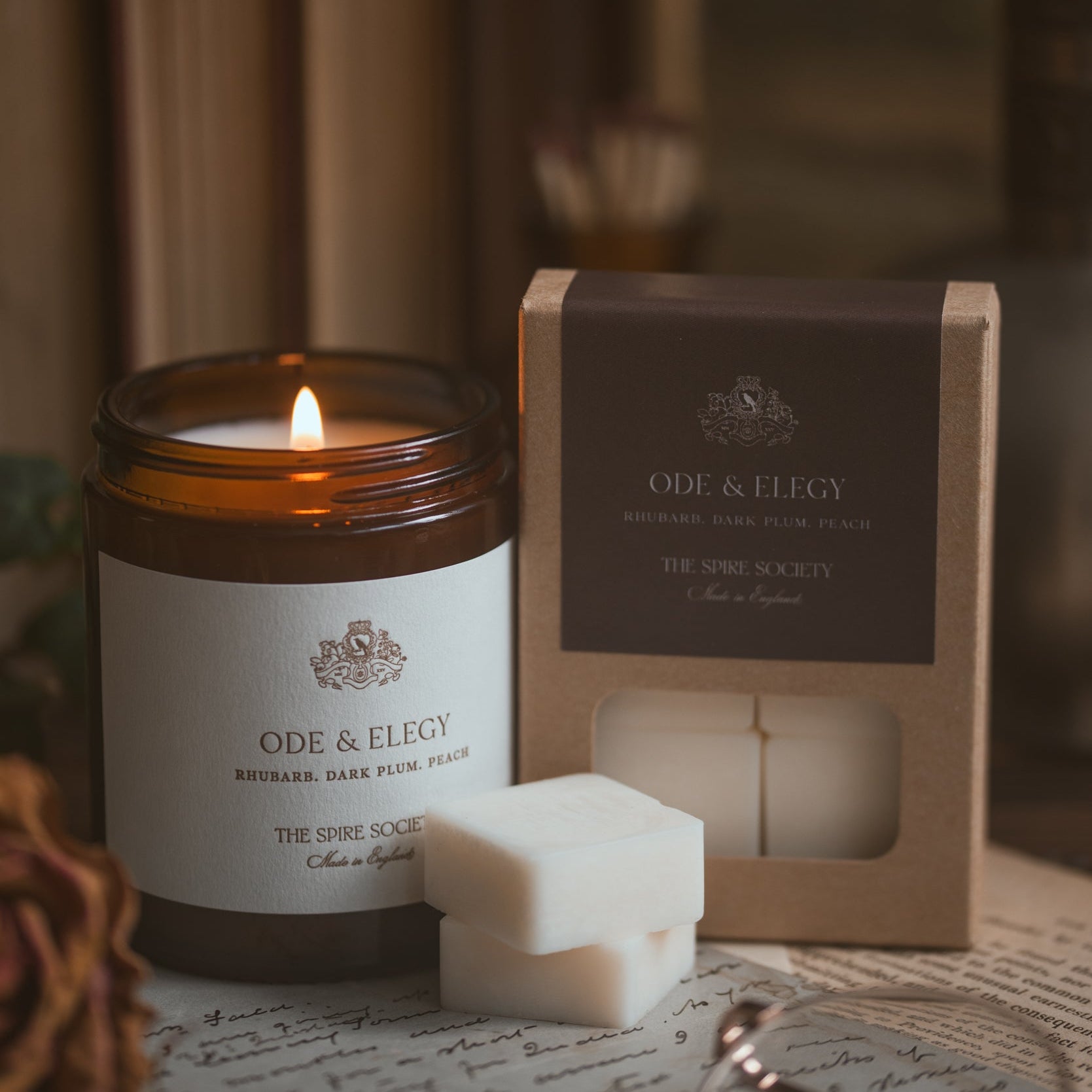 Ode & Elegy candle and wax melt on old letters with a blurred background